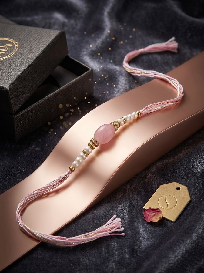 The free rakhi that ships with every Raksha Bandhan order — rose quartz and pearl on a pink and gold thread